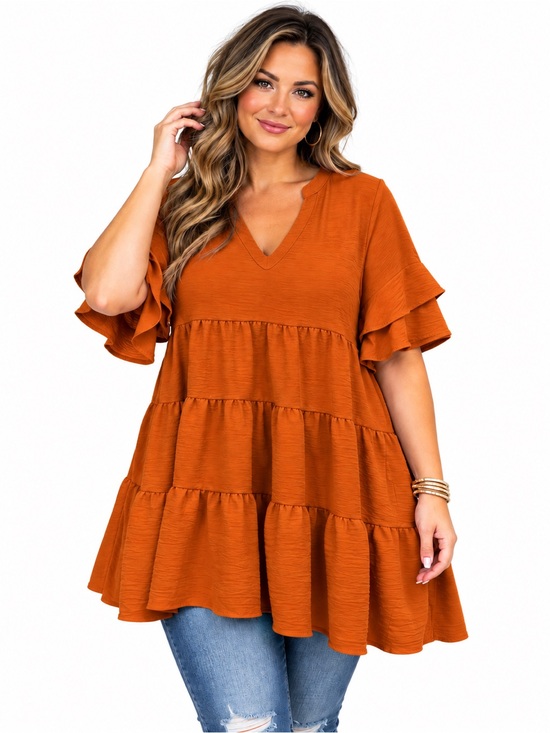 Zenana Outfitters Tops - Zenana Rust Orange Tiered Babydoll Tunic Top Flutter Sleeve L NWOT